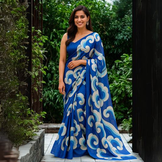 Blue Hand painted Pure Silk Saree