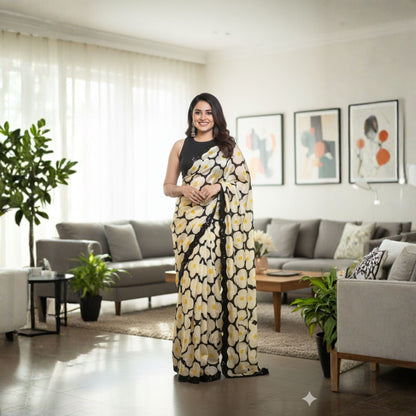 Yellow and Black Crepe Silk