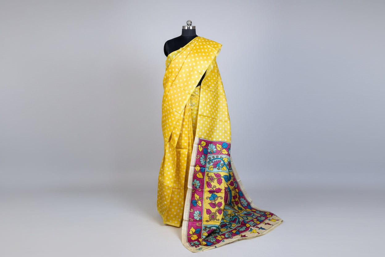 Yellow Tussar Silk Saree With Kalamkari Pallu