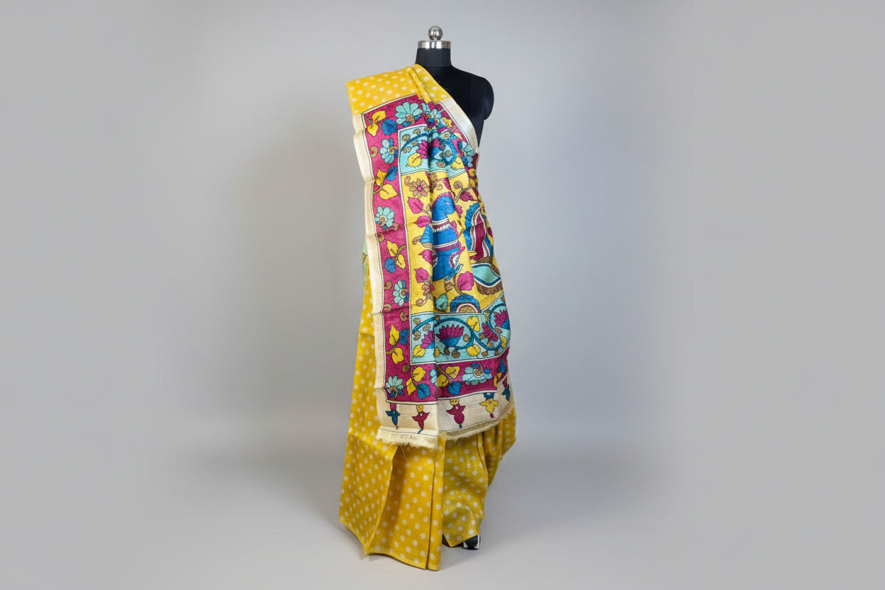Yellow Tussar Silk Saree With Kalamkari Pallu