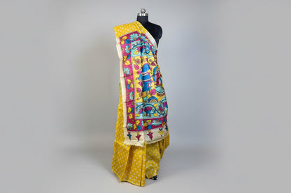 Yellow Tussar Silk Saree With Kalamkari Pallu