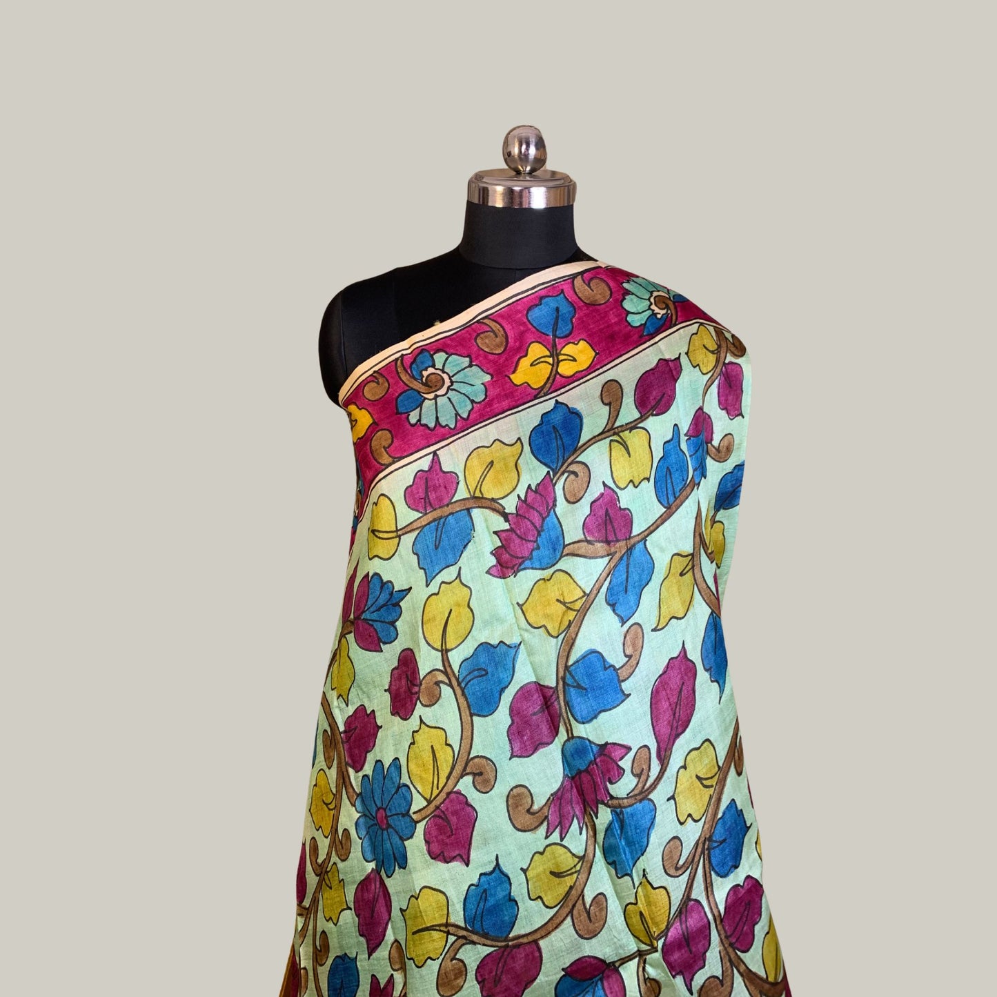 Yellow Tussar Silk Saree With Kalamkari Pallu
