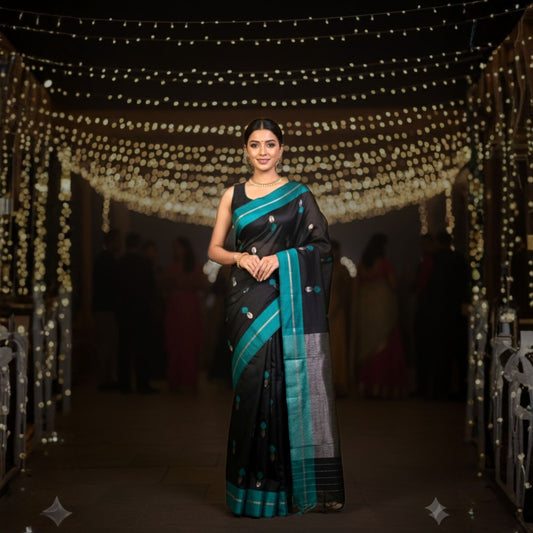 Black & Teal Chanderi Silk Saree