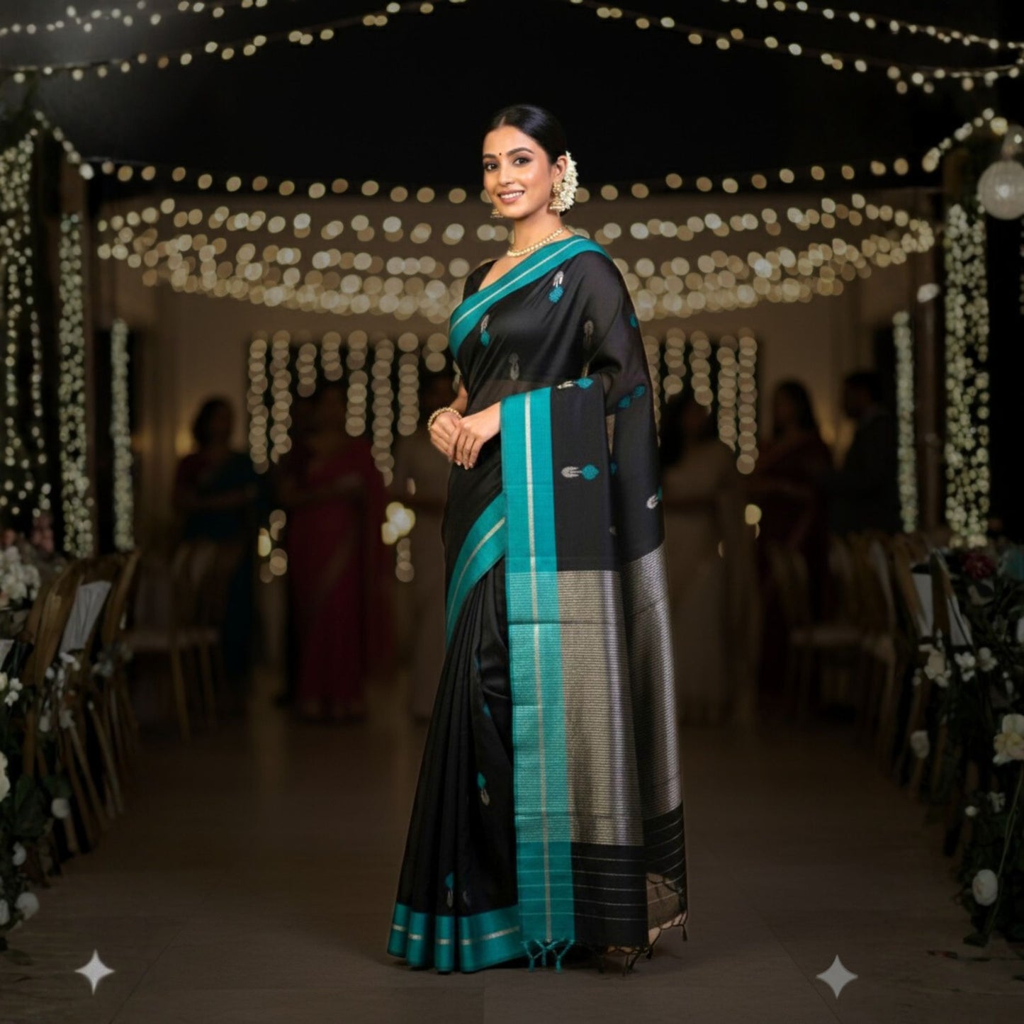 Woman in a black and teal saree standing in a decorated indoor setting with string lights.