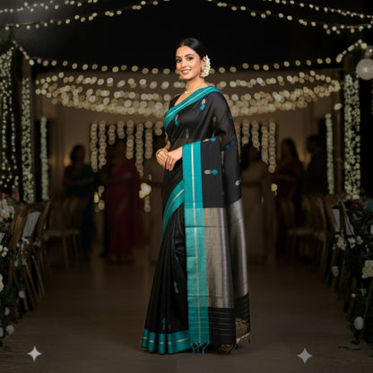 Woman in a black and teal saree standing in a decorated indoor setting with string lights.