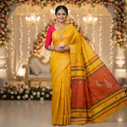 Yellow & Orange Pure Katan Silk Saree