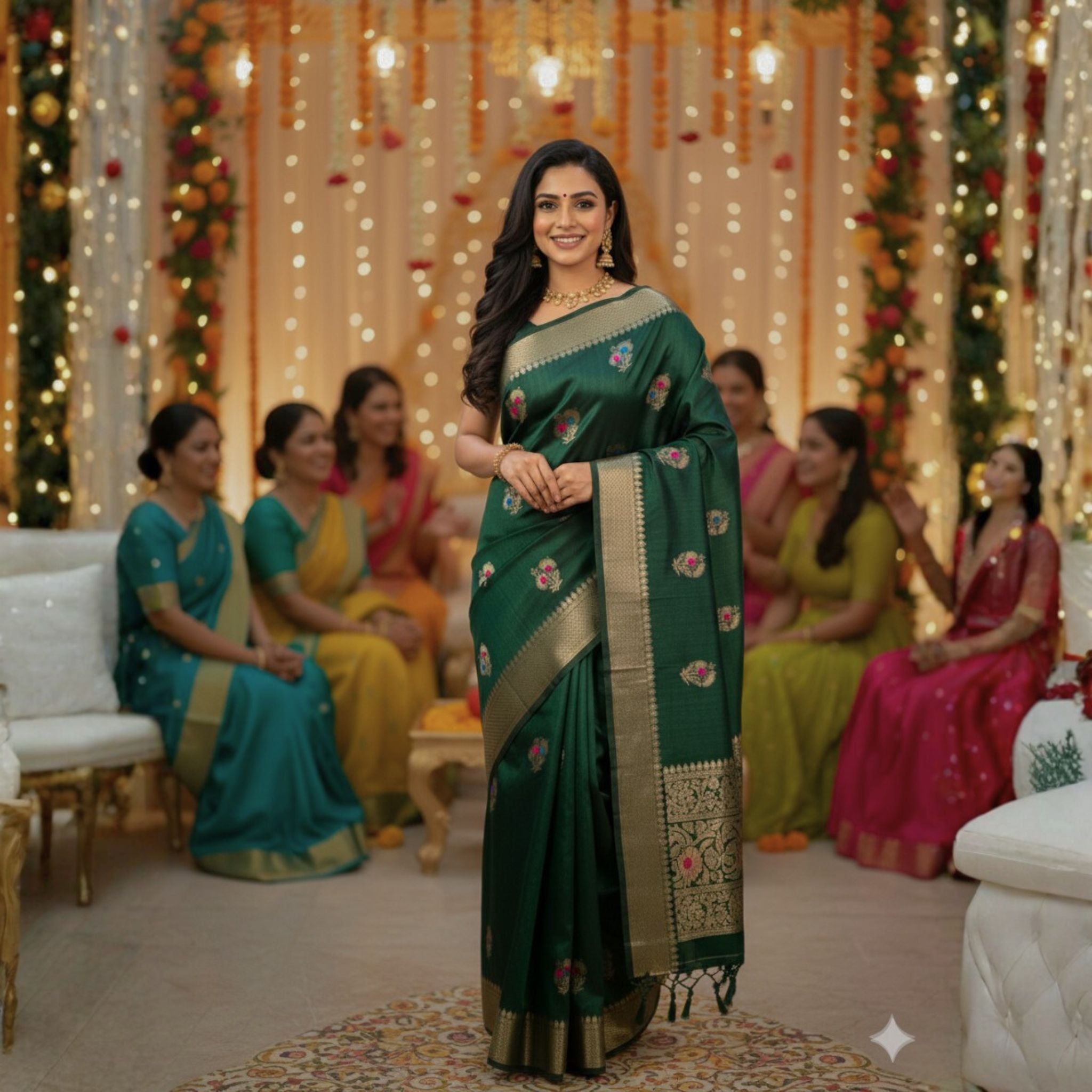 Woman in a green saree with floral patterns standing in front of a decorated indoor setting with other women in colorful sarees.