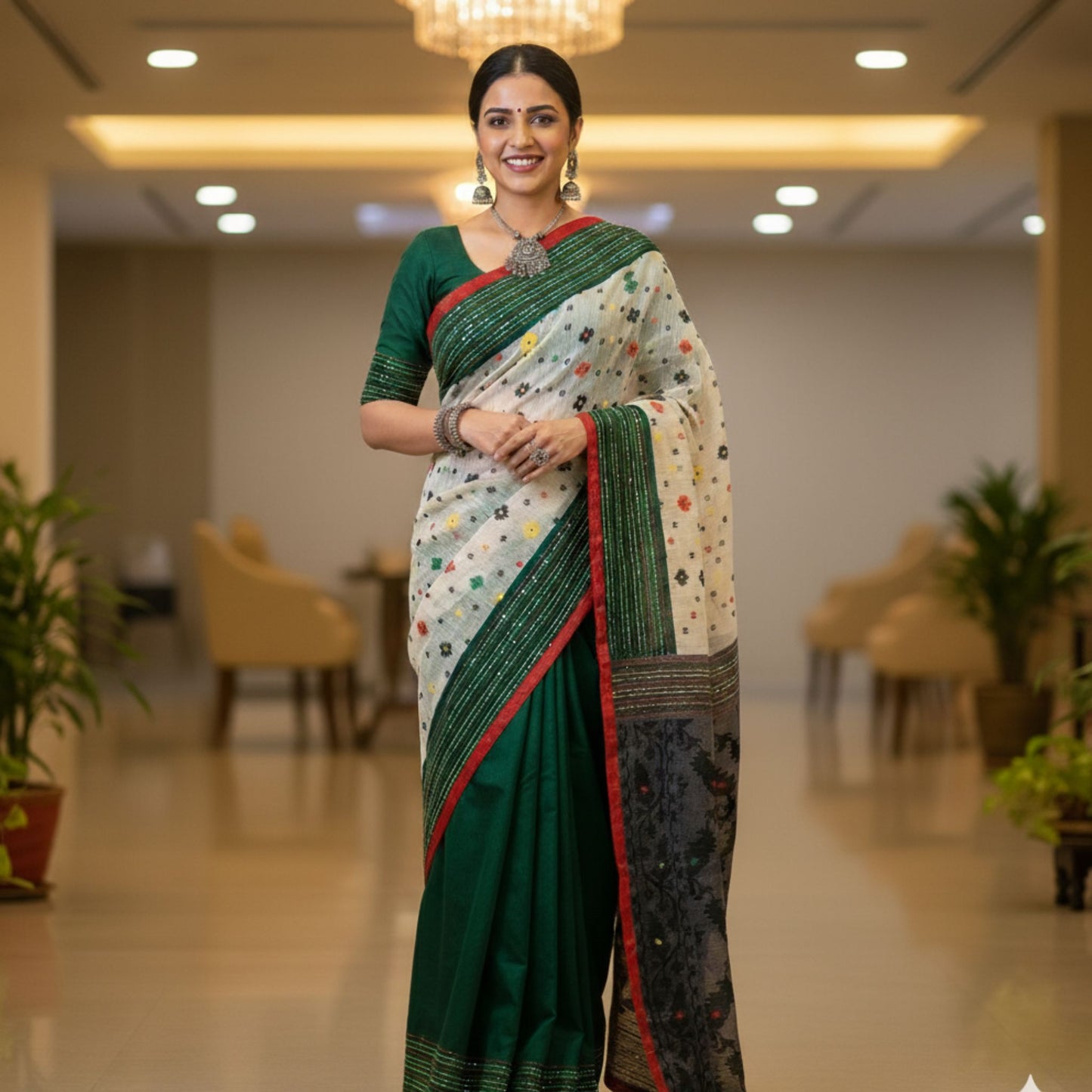 Woman in a green and white saree standing in an indoor setting with plants and chairs.