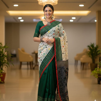 Woman in a green and white saree standing in an indoor setting with plants and chairs.