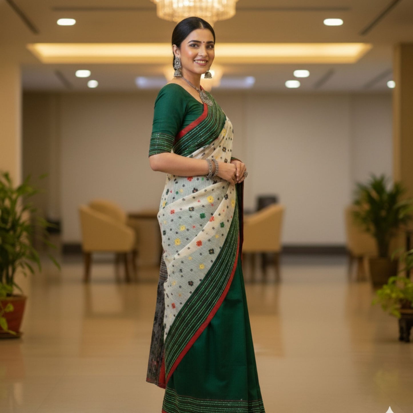 Woman in a green saree with a white and multicolor pattern, standing in an indoor setting.