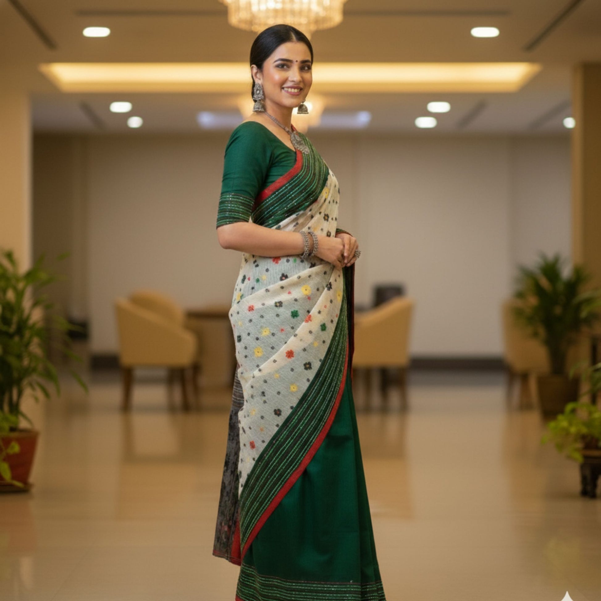 Woman in a green saree with a white and multicolor pattern, standing in an indoor setting.