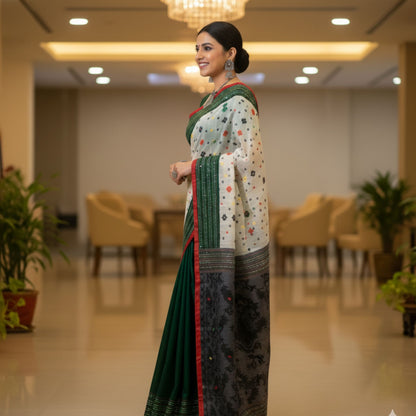 Woman in a traditional saree standing in an indoor setting with plants and furniture.