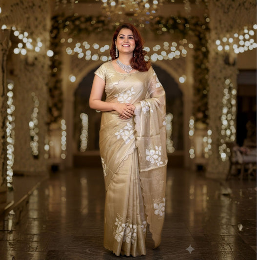 Water Gold Colour Embroidered Organza Silk Saree