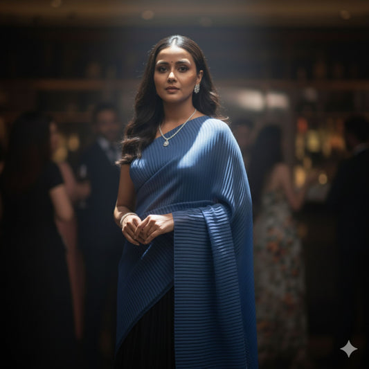 Blue & Black Accordion Pleated  Designer Saree