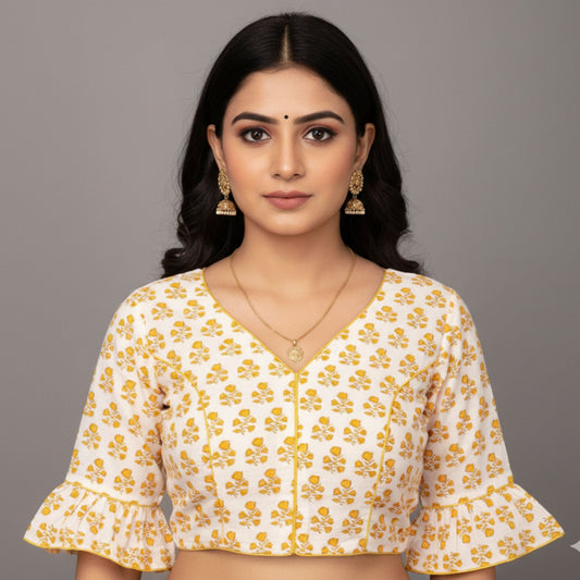 White and Yellow Jaipur Printed Cotton Blouse
