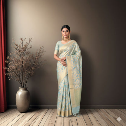 Light Blue Cotton Chanderi Rangkat Banarasi Saree
