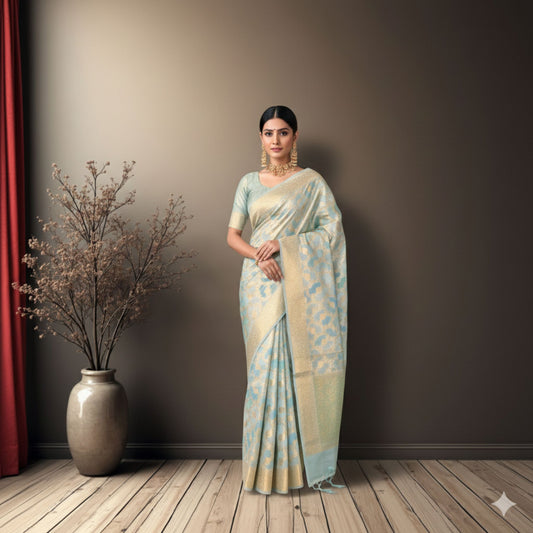 Light Blue Cotton Chanderi Rangkat Banarasi Saree