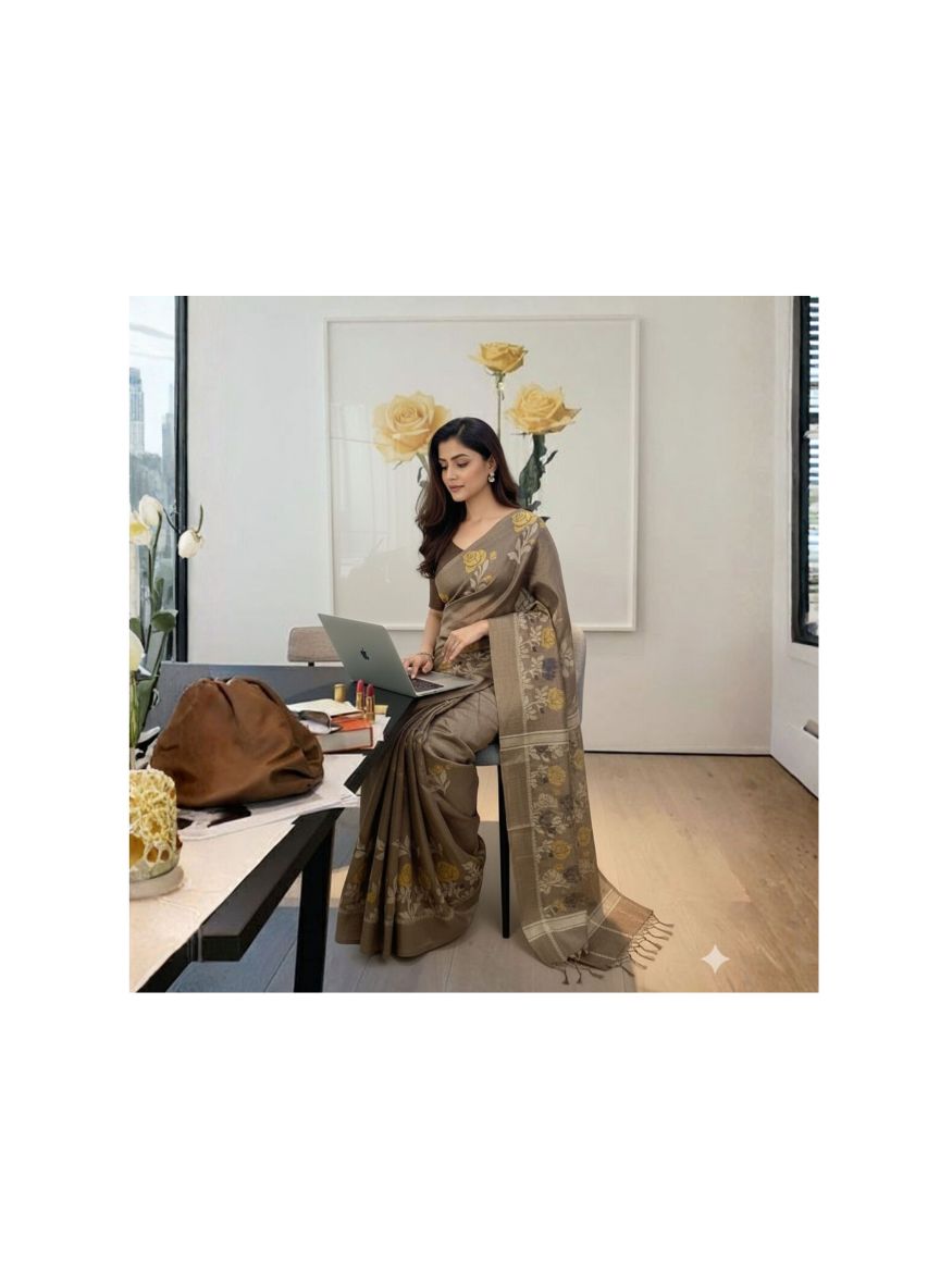 Brown Tussar Jamdani Saree