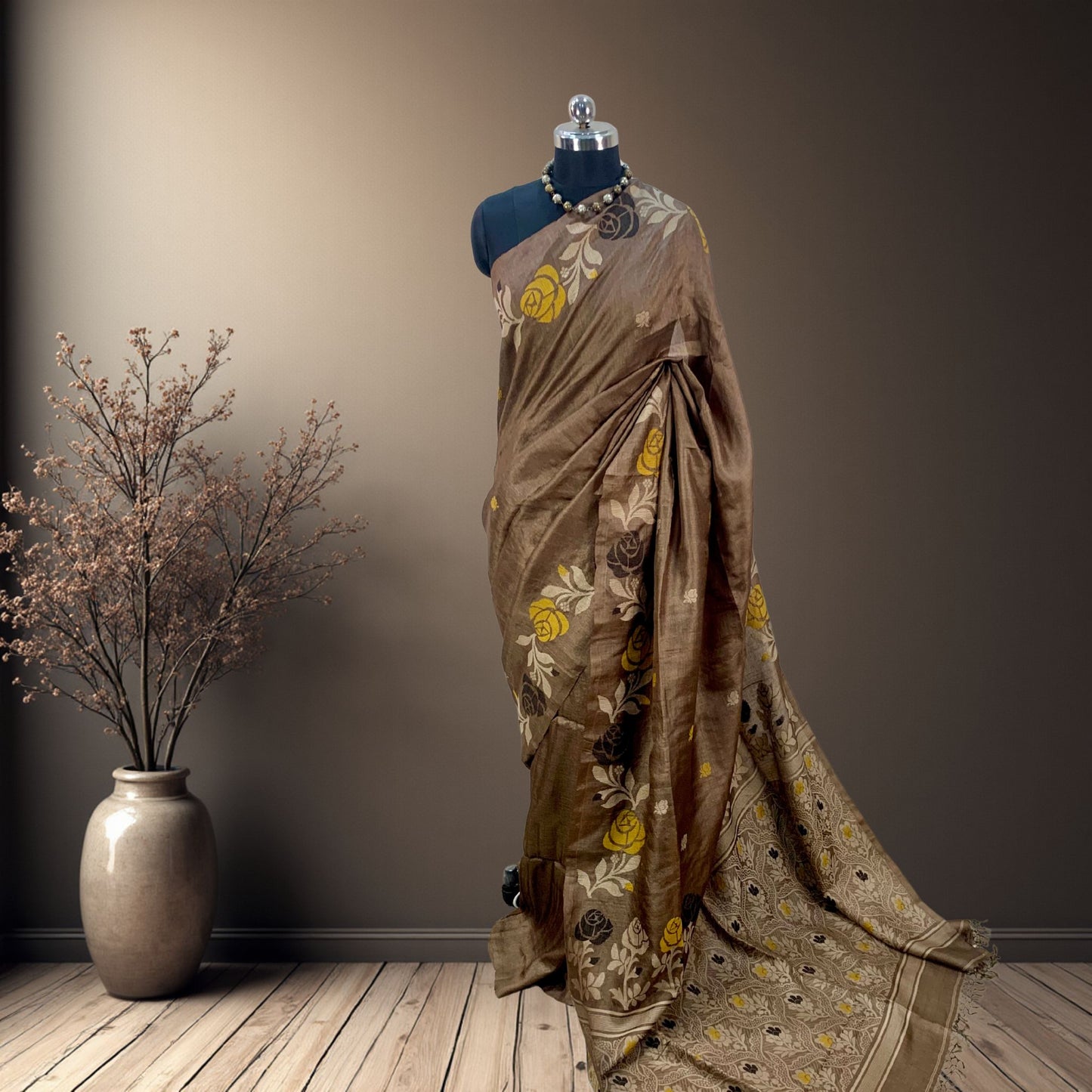 Brown Tussar Jamdani Saree