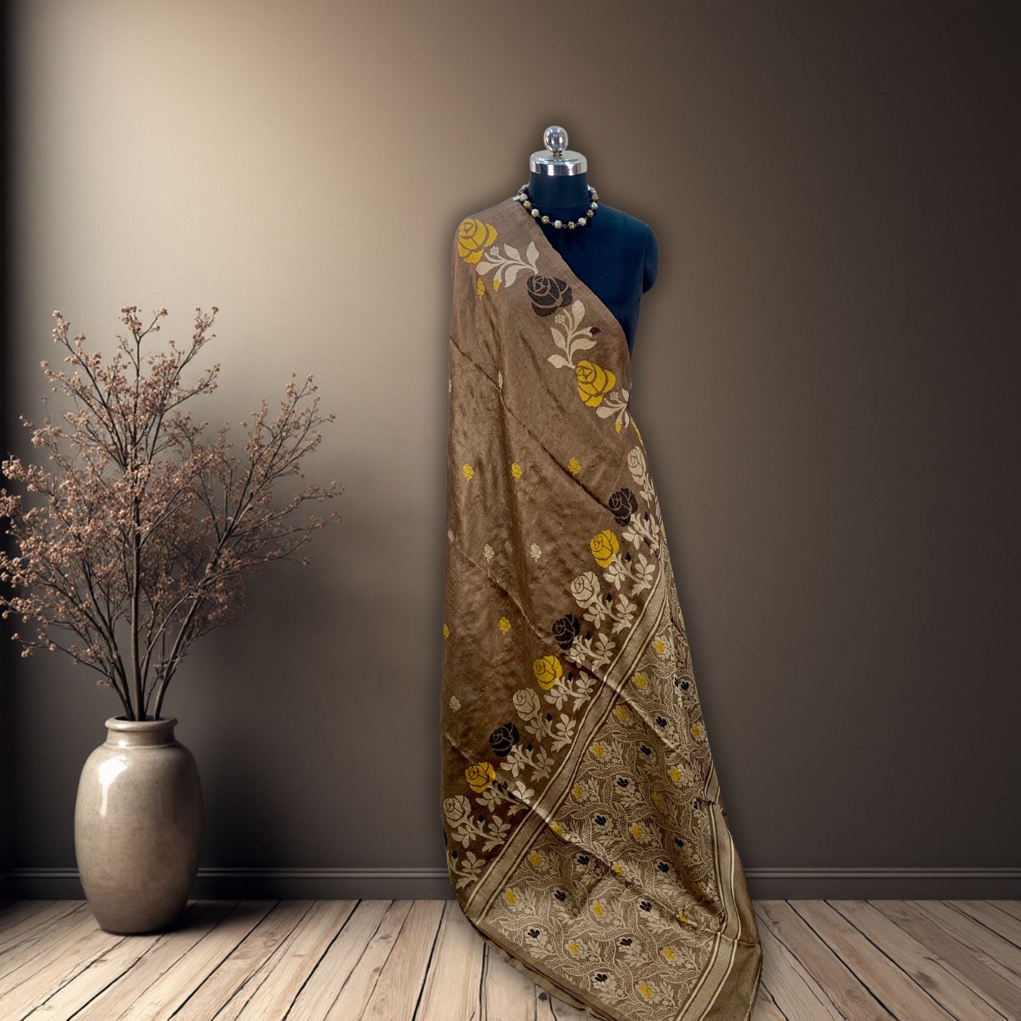 Brown Tussar Jamdani Saree