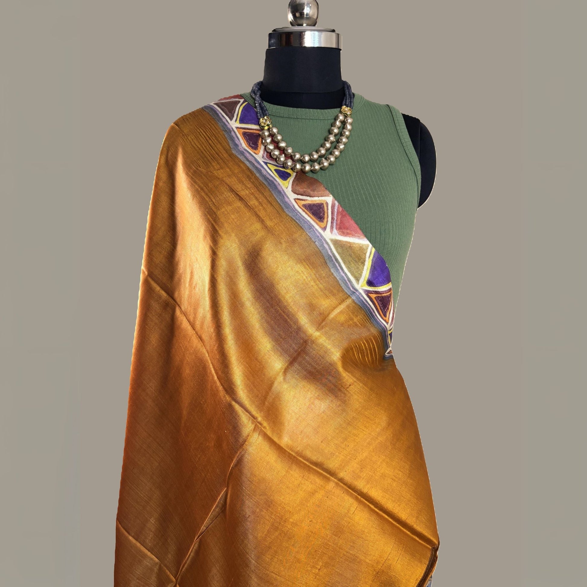 Alcohol Ink Painted Golden Yellow Tussar Silk Saree -Handloom Sarees- Aananda Collections