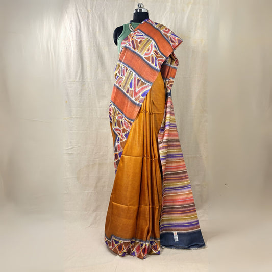 Alcohol Ink Painted Golden Yellow Tussar Silk Saree -Handloom Sarees- Aananda Collections