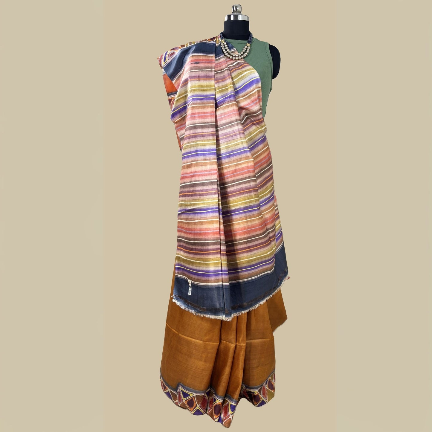 Alcohol Ink Painted Golden Yellow Tussar Silk Saree -Handloom Sarees- Aananda Collections