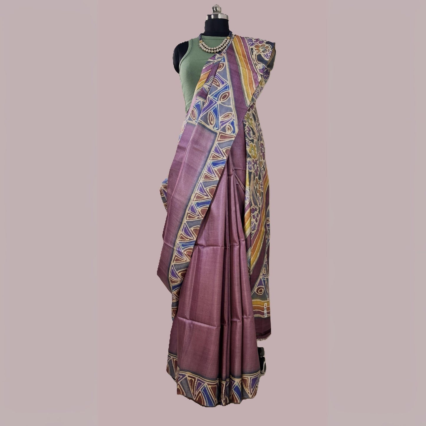 Alcohol Ink Painted Lilac Tussar Silk Saree -Handloom Sarees- Aananda Collections