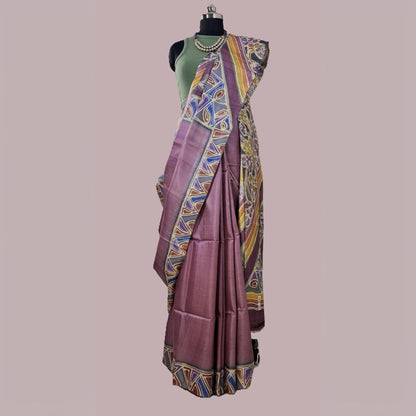 Alcohol Ink Painted Lilac Tussar Silk Saree -Handloom Sarees- Aananda Collections