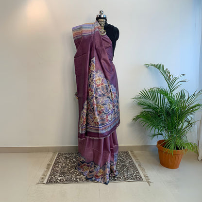 Alcohol Ink Painted Purple Tussar Silk Saree -Handloom Sarees- Aananda Collections