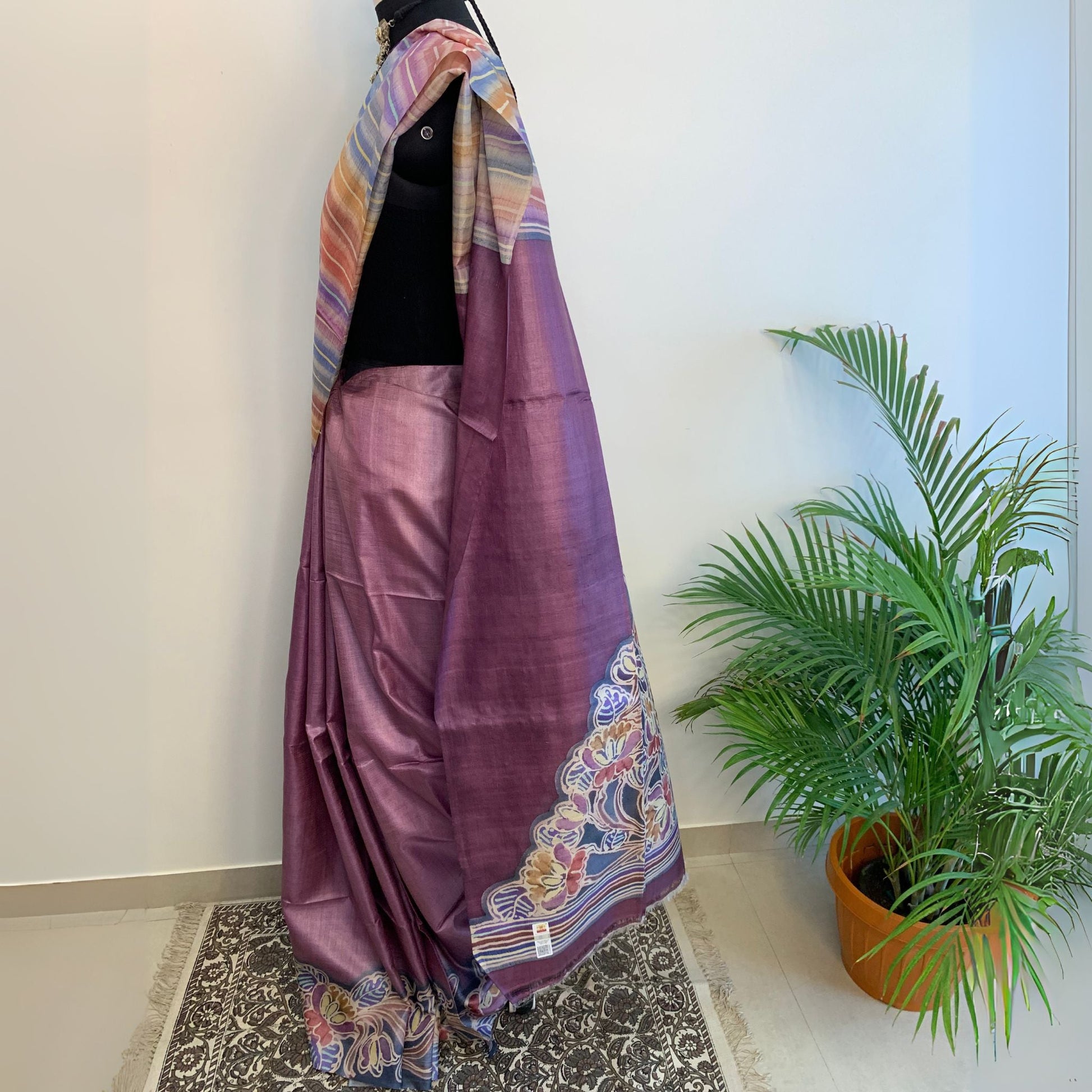 Alcohol Ink Painted Purple Tussar Silk Saree -Handloom Sarees- Aananda Collections