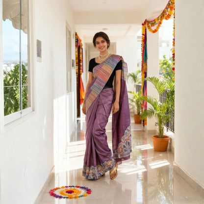 Alcohol Ink Painted Purple Tussar Silk Saree -Handloom Sarees- Aananda Collections