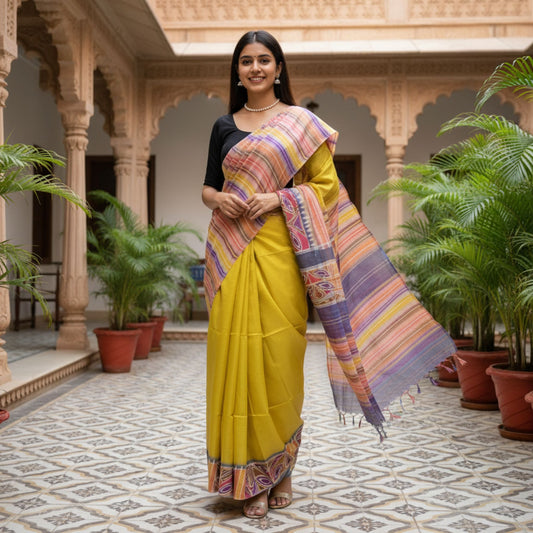 Alcohol Ink Painted Yellow Tussar Silk Saree -Handloom Sarees- Aananda Collections
