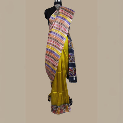 Alcohol Ink Painted Yellow Tussar Silk Saree -Handloom Sarees- Aananda Collections