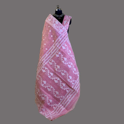 Baby Pink Cotton Dhakai Jamdani Saree -Powerloom Sarees- Aananda Collections
