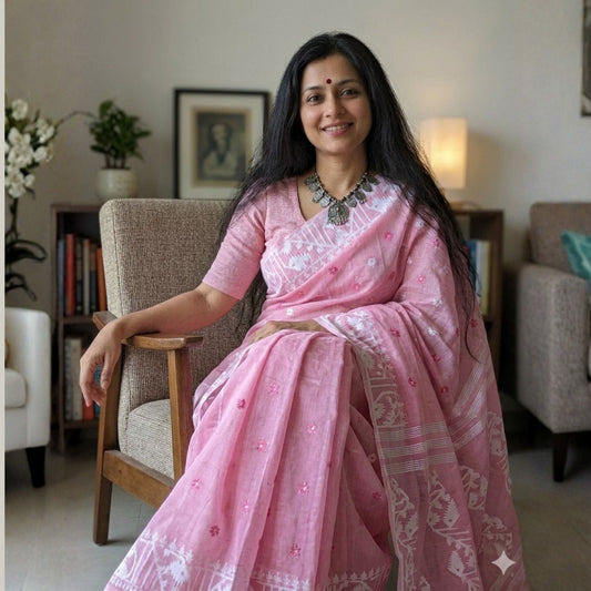 Baby Pink Cotton Dhakai Jamdani Saree -Powerloom Sarees- Aananda Collections