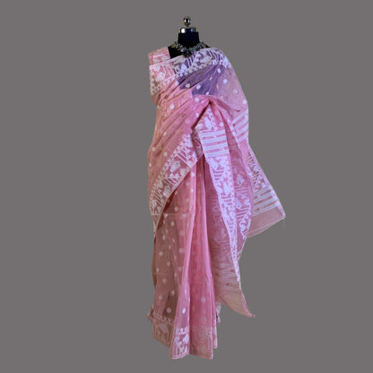 Baby Pink Cotton Dhakai Jamdani Saree -Powerloom Sarees- Aananda Collections