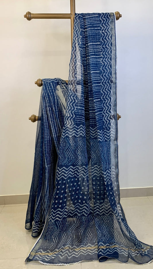 Bagru Printed Indigo Cotton Kota Saree -Handloom Sarees- Aananda Collections