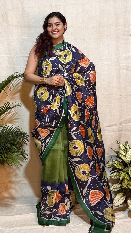 Navy Blue and Green Batik Printed Murshidabad Silk Saree