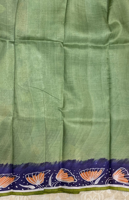 Navy Blue and Green Batik Printed Murshidabad Silk Saree