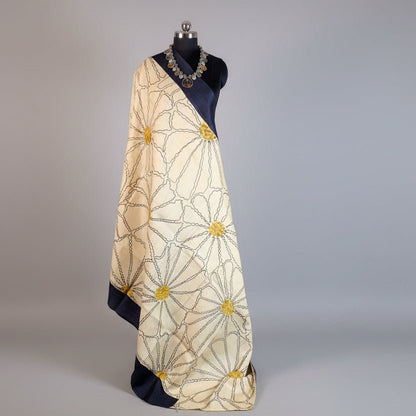Beige And Black Handpainted Tussar Silk Saree -Handloom Sarees- Aananda Collections