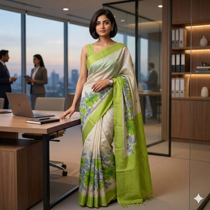 Beige And Green Handpainted Tussar Silk Saree -Handloom Sarees- Aananda Collections