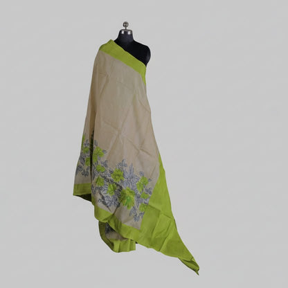 Beige And Green Handpainted Tussar Silk Saree -Handloom Sarees- Aananda Collections