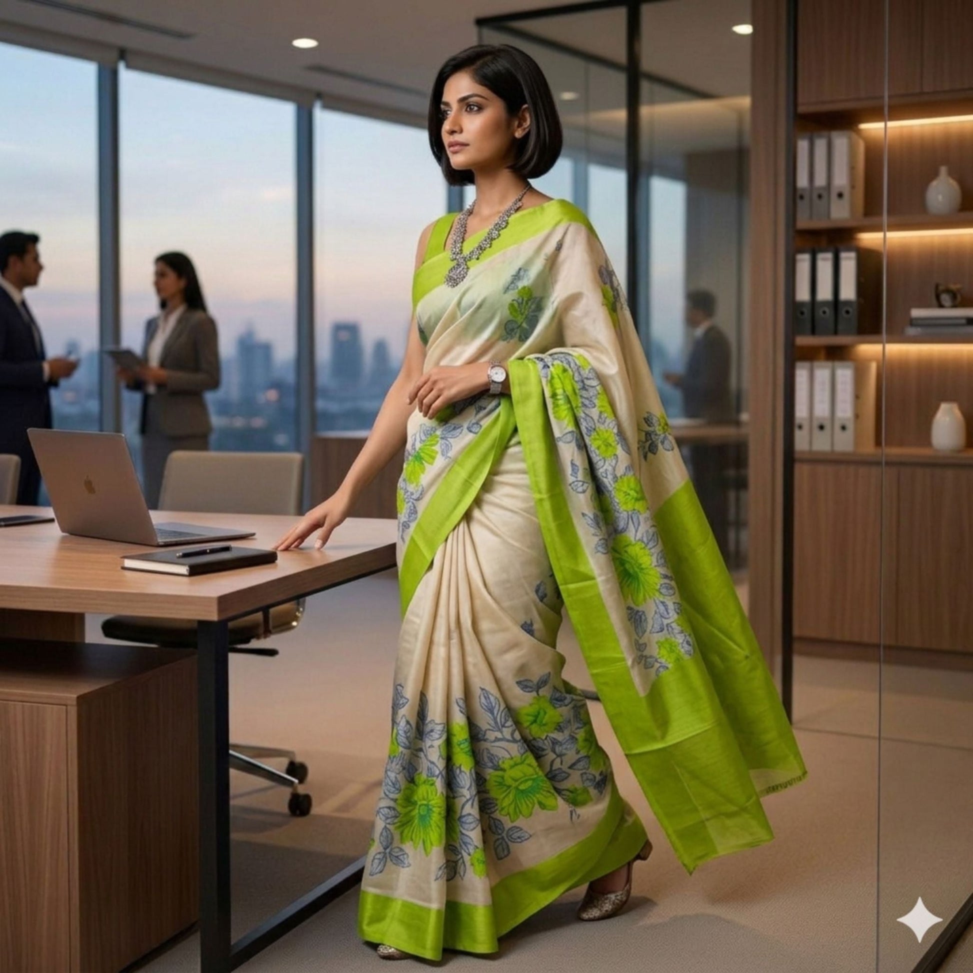 Beige And Green Handpainted Tussar Silk Saree -Handloom Sarees- Aananda Collections