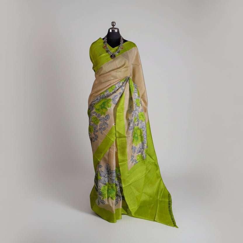 Beige And Green Handpainted Tussar Silk Saree -Handloom Sarees- Aananda Collections