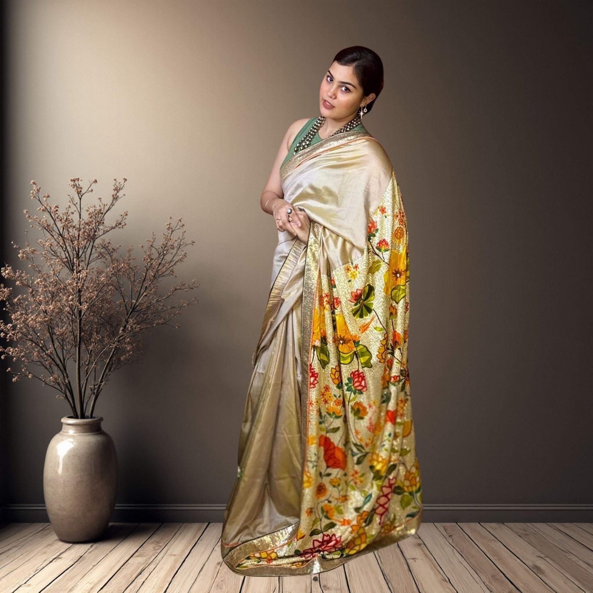 Beige Designer Katan Silk Saree -Handloom Sarees- Aananda Collections