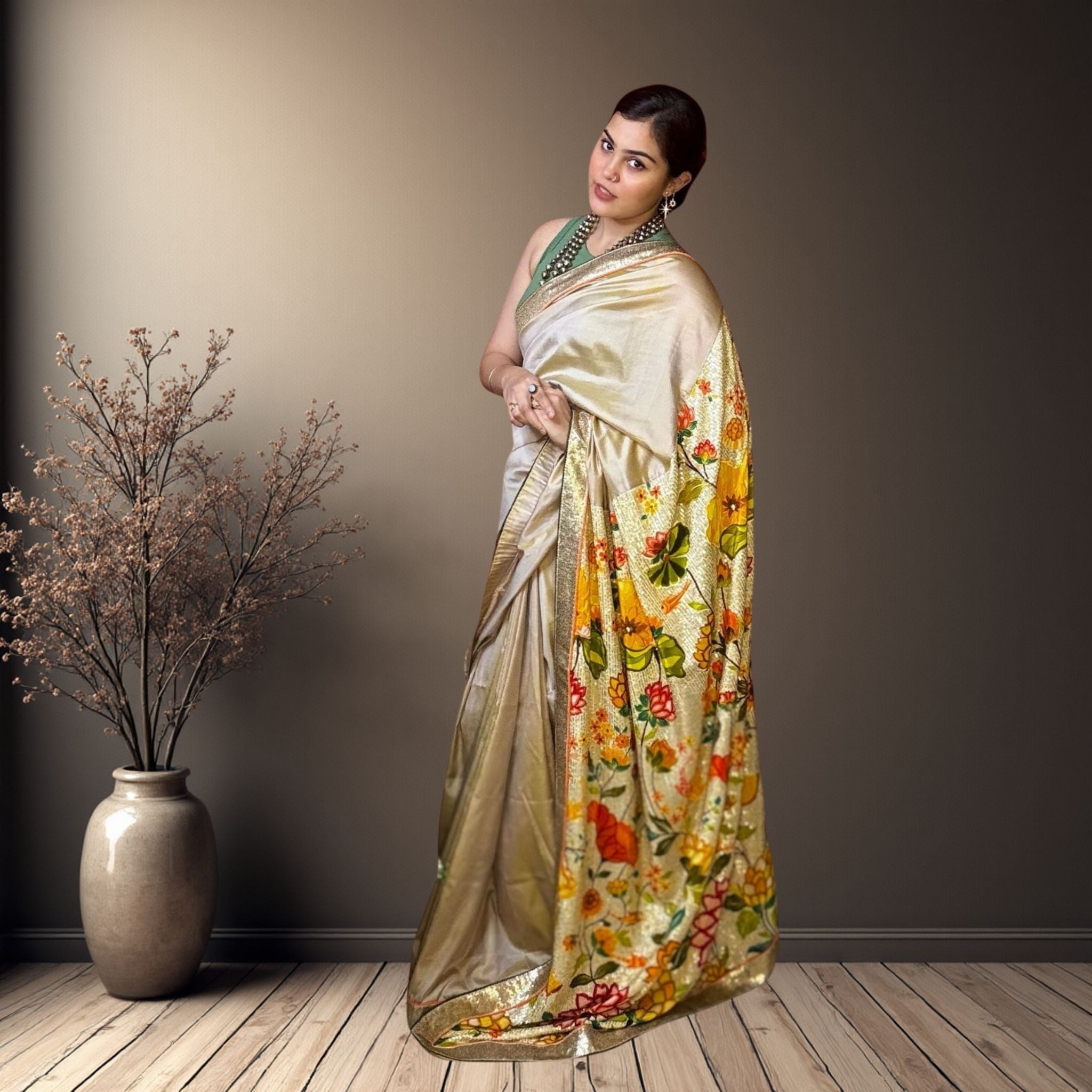 Beige Designer Katan Silk Saree -Handloom Sarees- Aananda Collections
