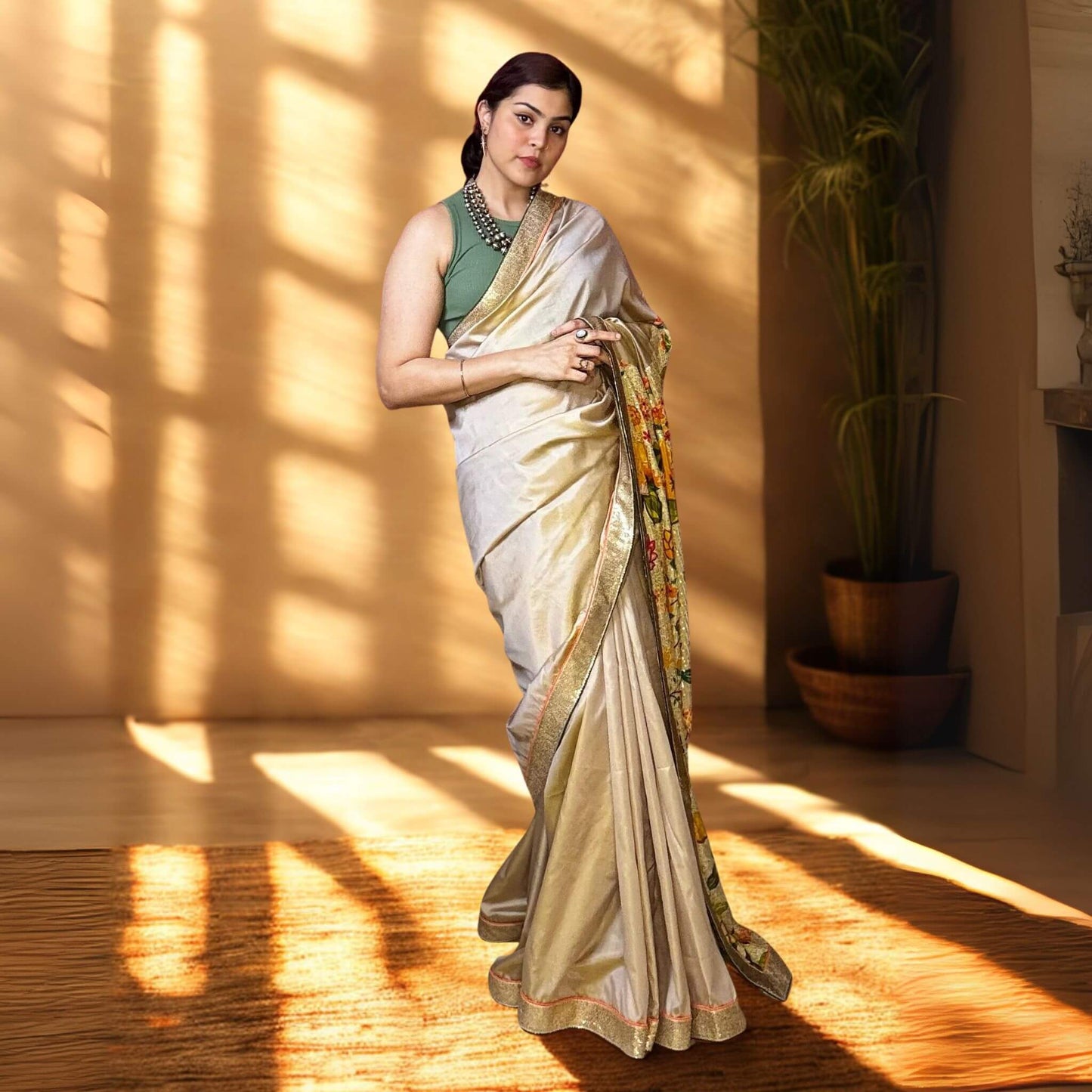 Beige Designer Katan Silk Saree -Handloom Sarees- Aananda Collections