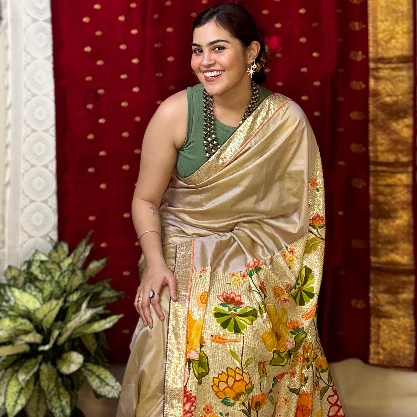 Beige Designer Katan Silk Saree -Handloom Sarees- Aananda Collections