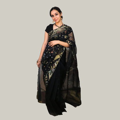 Black Bangladeshi Dhakai Jamdani -Handloom Sarees- Aananda Collections